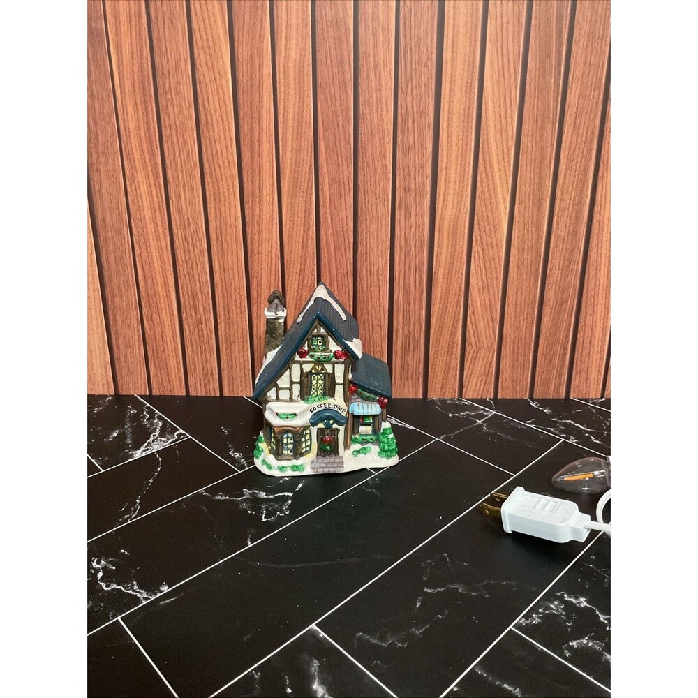 4.5" Tall Ceramic Christmas Village Coffee Shop.new Cord And 2 Bulbs